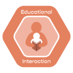 Educational interaction badge image. Hexagon with adult reading to child.