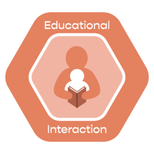 Educational interaction badge image. Hexagon with adult reading to child.