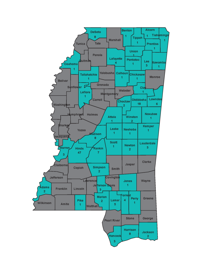 Map of Mississippi with counties highlighted if they have ECDC members